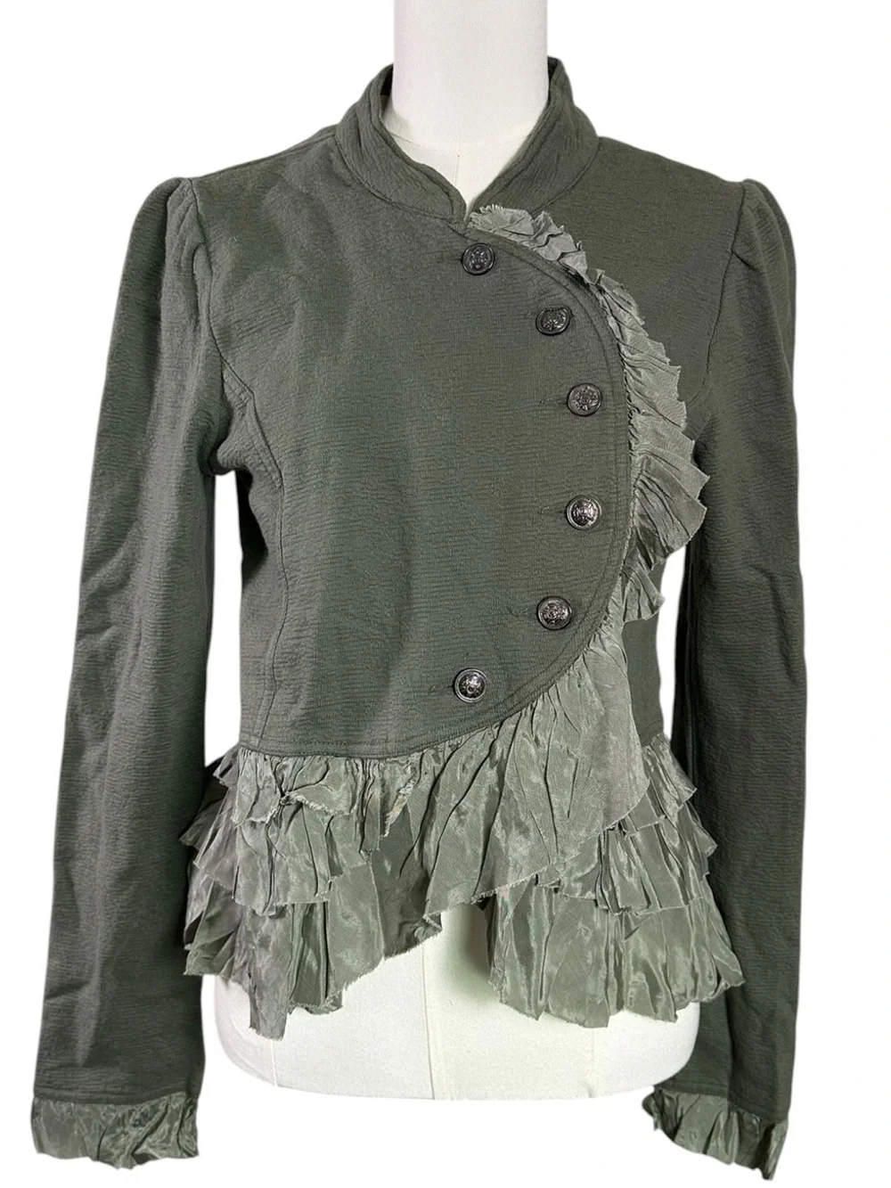 Anthropologie Curved Ruffle Military Cardigan Top Jacket Army Green Large NWT - Picture 7 of 16